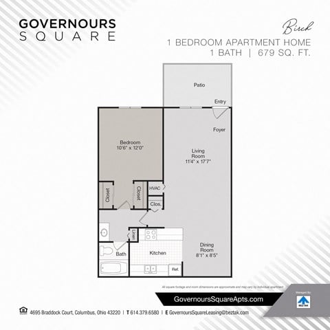 Floor plan for 1 bed, 1 bath, 679 sqft